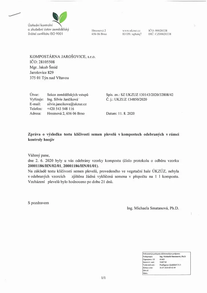 Kompost z Kompostárny Jarošovice vyhověl v testech ÚKZUZ