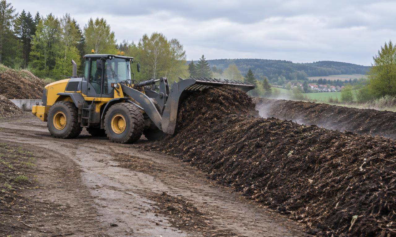 Nakladač překopává hromadu kompostu v areálu kompostárny